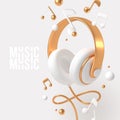 Realistic 3d render headphones with golden elements and musical notes.